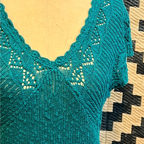 Jade teal open crochet knit sweater form fitted short sleeve tunic long length‎ - Picture 10 of 17